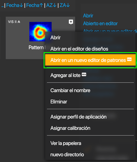 new pattern edito right click open spanish